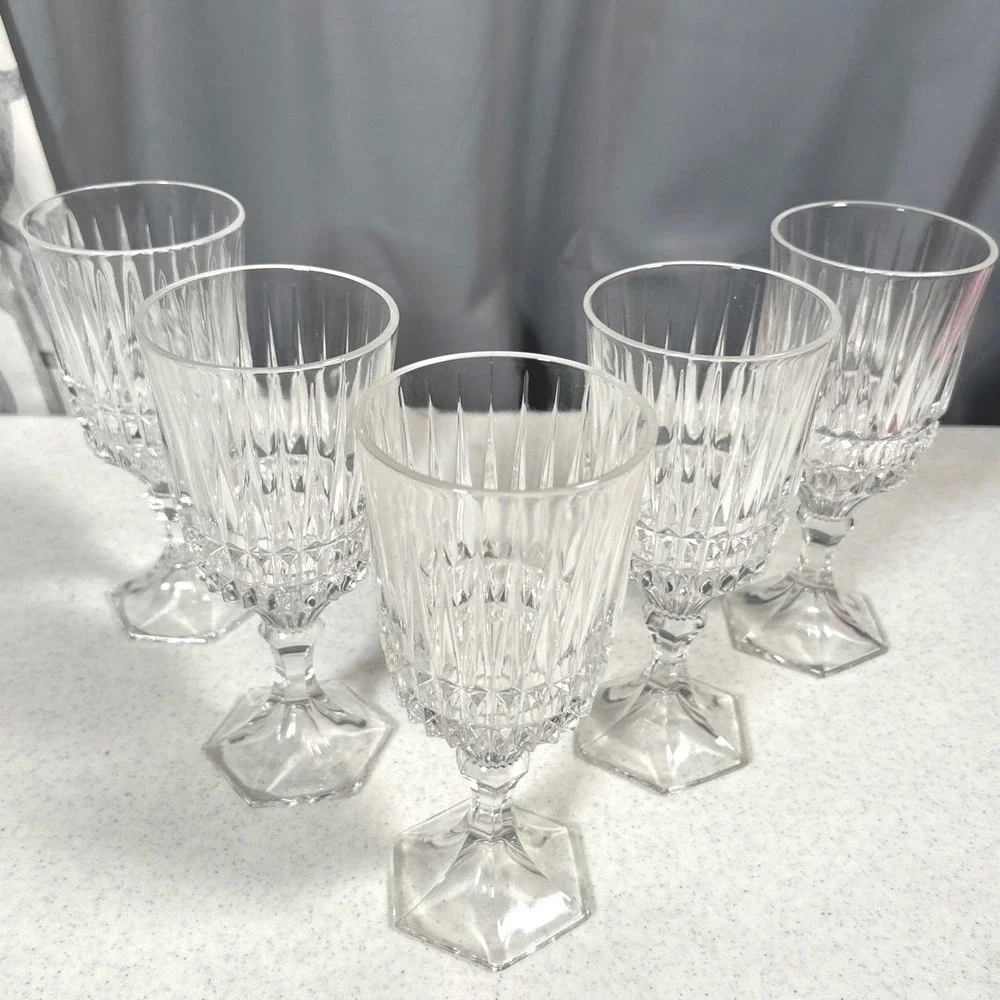 Fostoria Heritage Clear Glass Crystal Water Goblets Hexagon Diamond Wedge Set/5